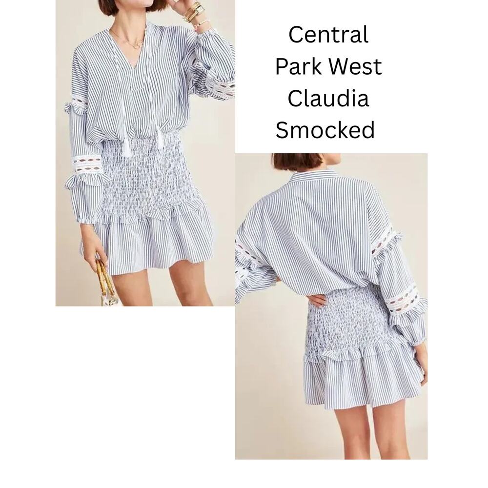 Central Park West Claudia Smocked Waist Boho Chic Blue White Stripe Dress Small